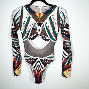 BFYNE One Piece Bathing Suit Long Sleeve Mesh Cut Out Medium EUC